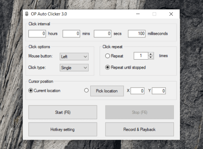 OP Auto Clicker main console showing Current location and Pick location