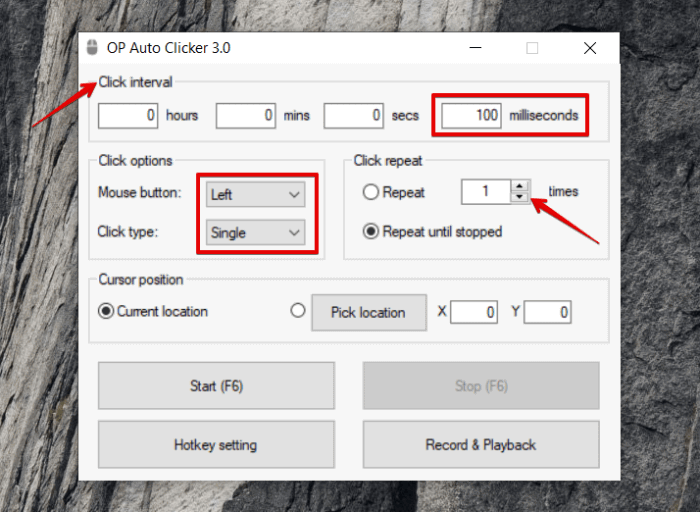 OP Auto Clicker panel annotated for interval timing and repeat options