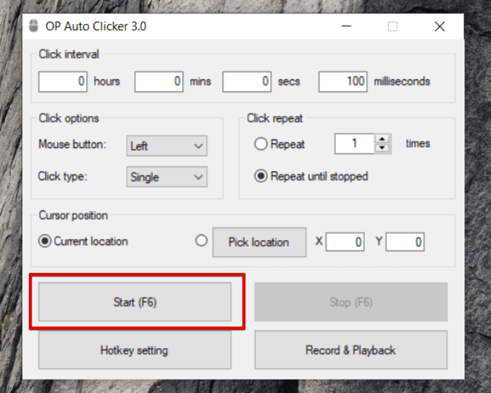OP Auto Clicker Start control with the F6 hotkey callout