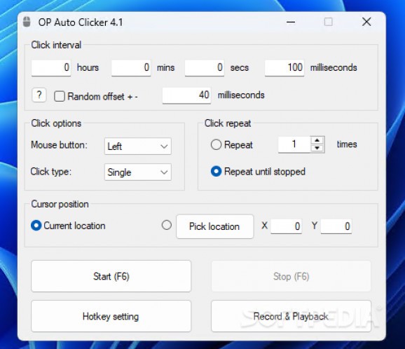 سطح إعدادات OP Auto Clicker يعرض حقلي Click Interval وRandom offset
